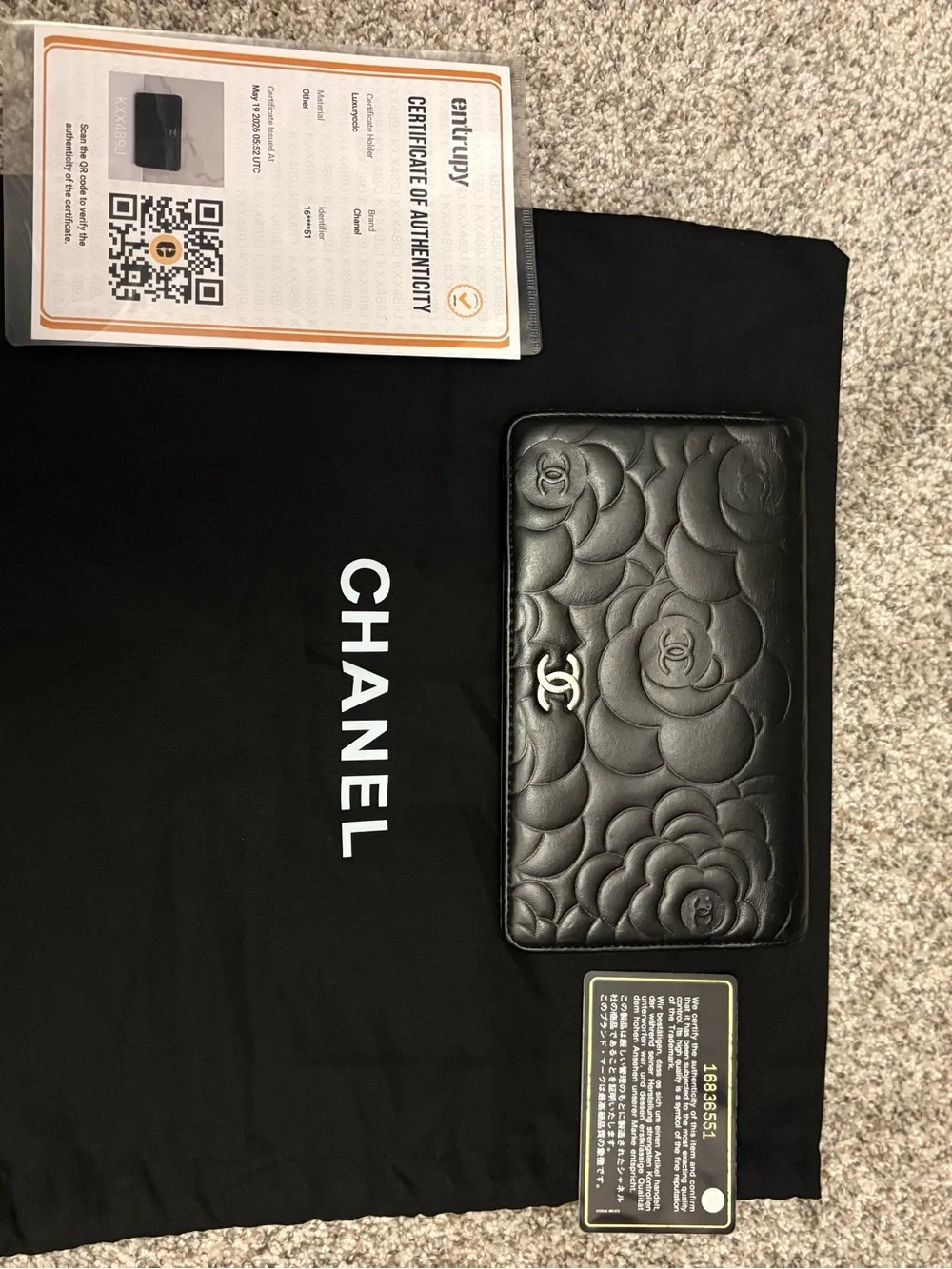 CHANEL Black Quilted Camellia Leather Long Wallet with CC Emblem, VGUC!